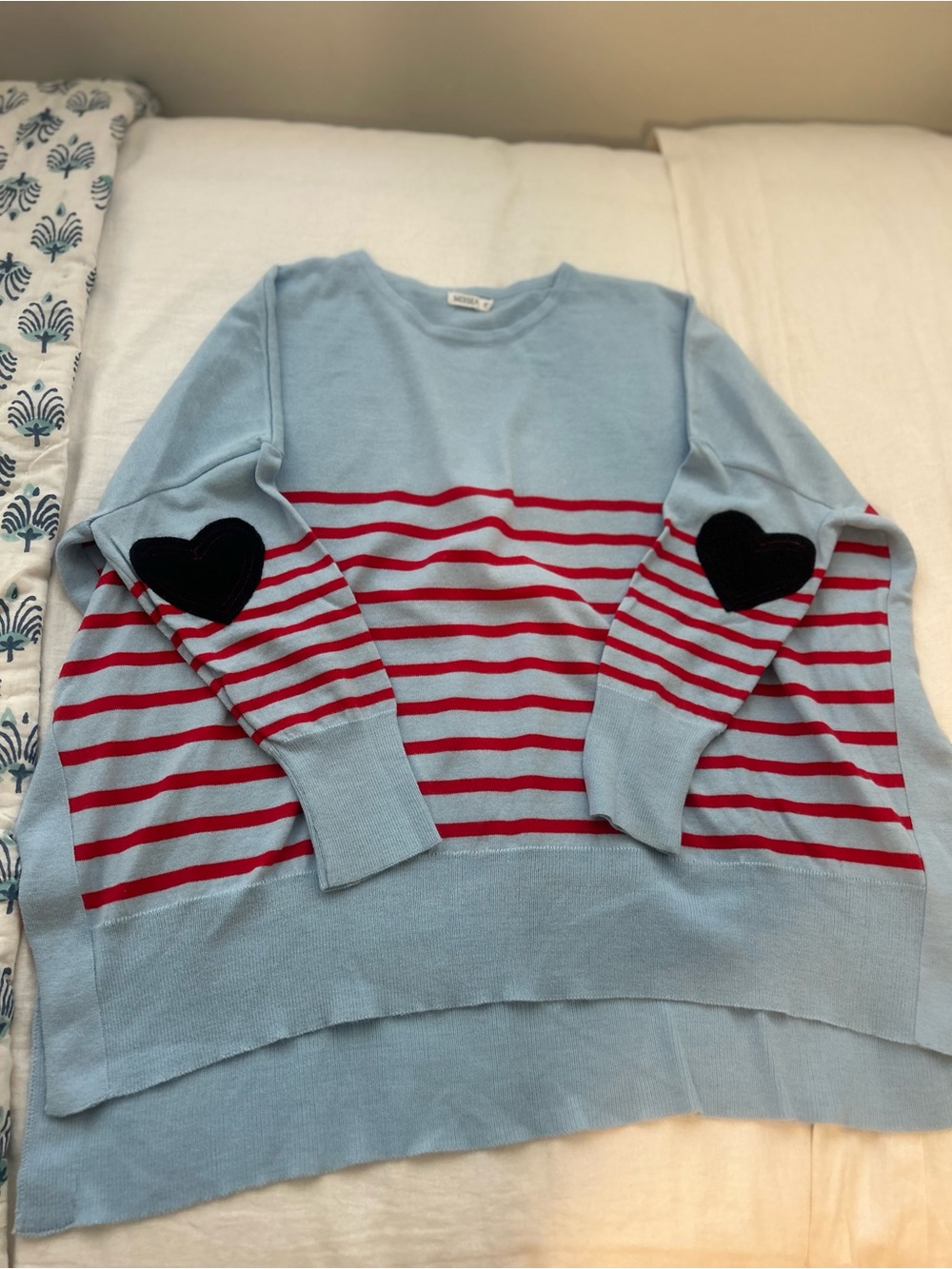 Mersea Light Blue Striped Sweater with Red Stripes and navy Heart Elbow Patches